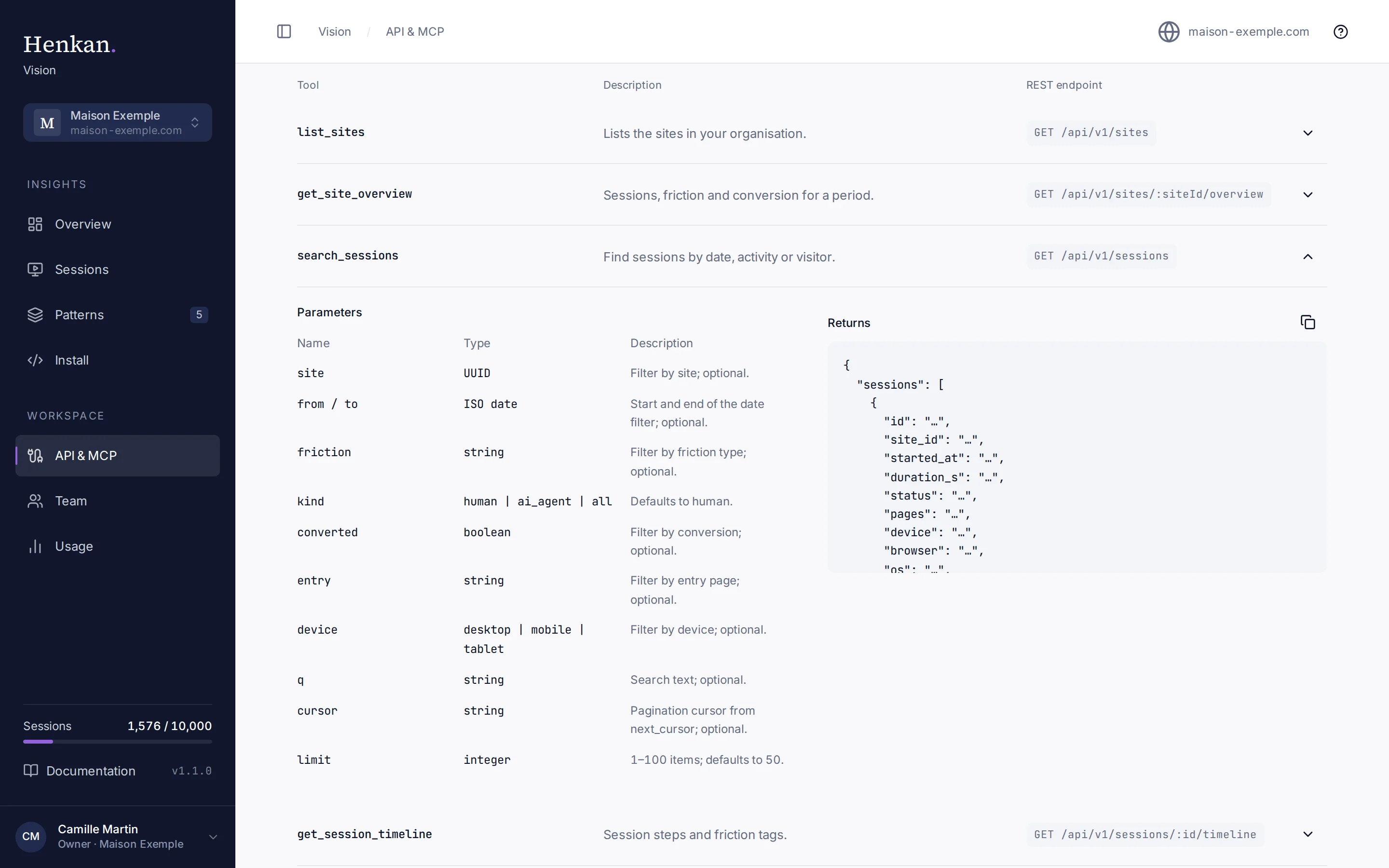 The tool reference on the API & MCP page, with search_sessions expanded.