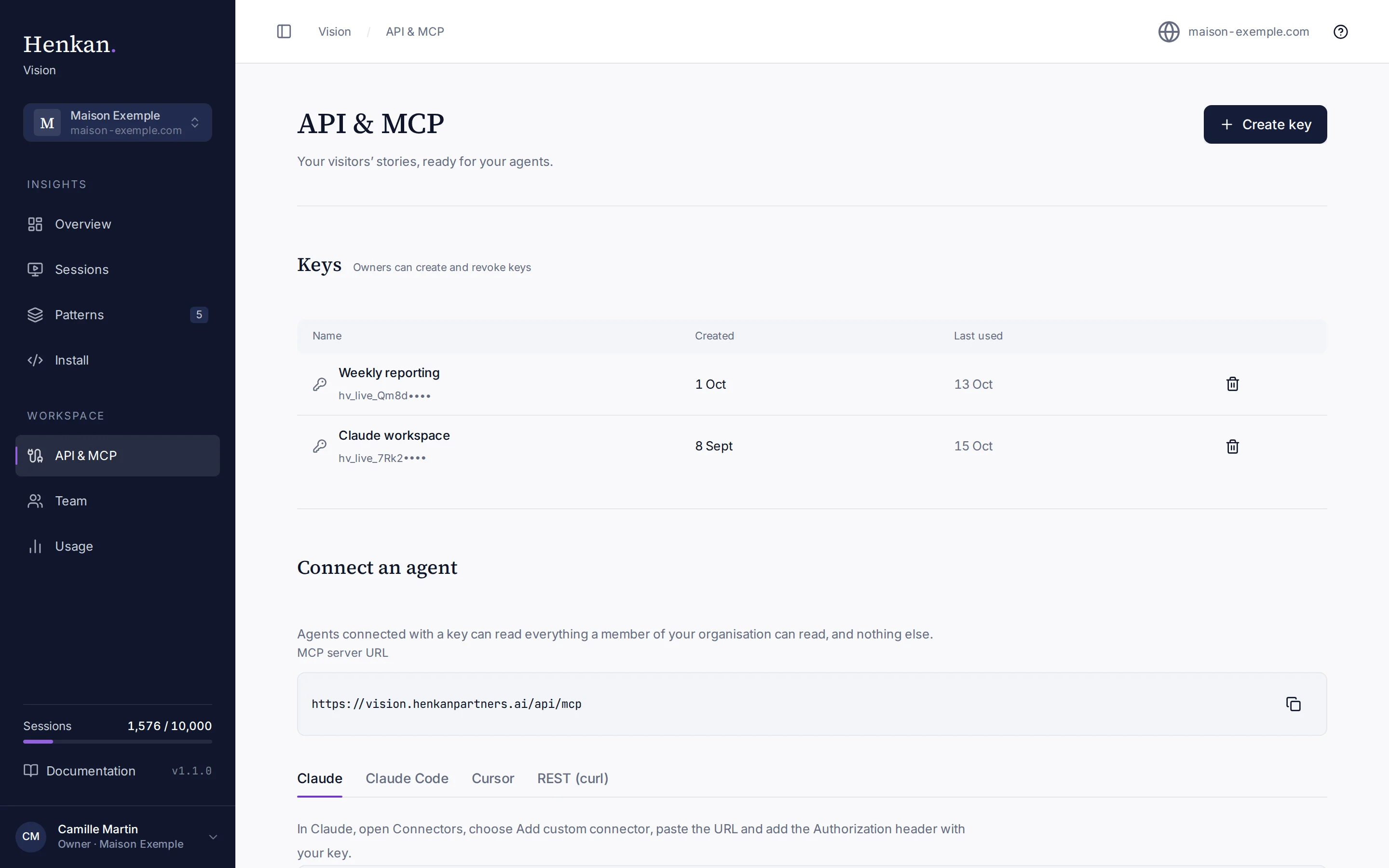 The API & MCP page with two keys.