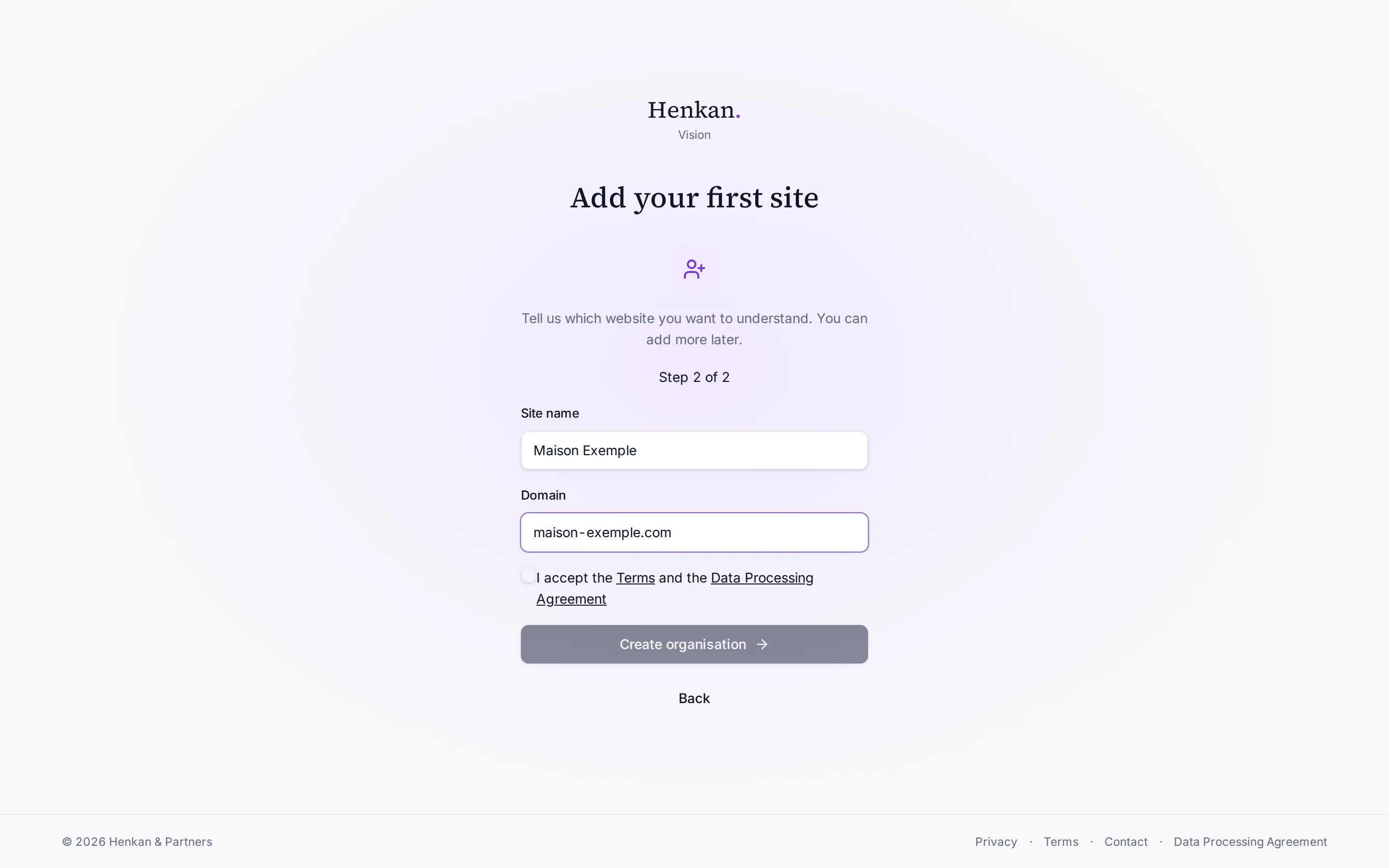 Step 2 of 2, adding the first site.