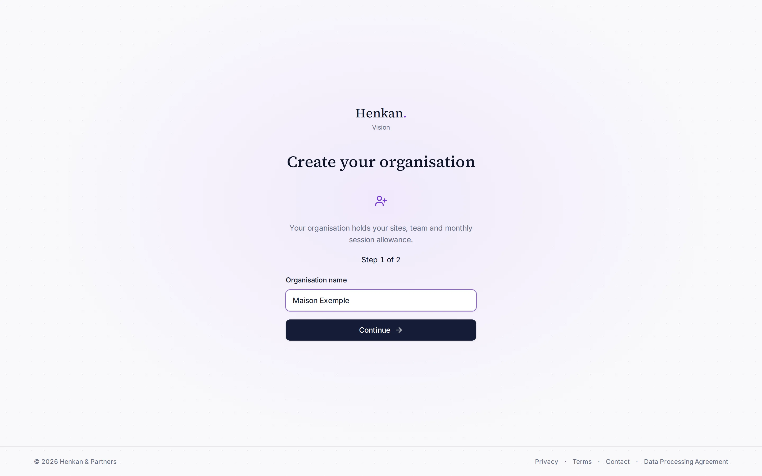 Step 1 of 2, naming the organisation.