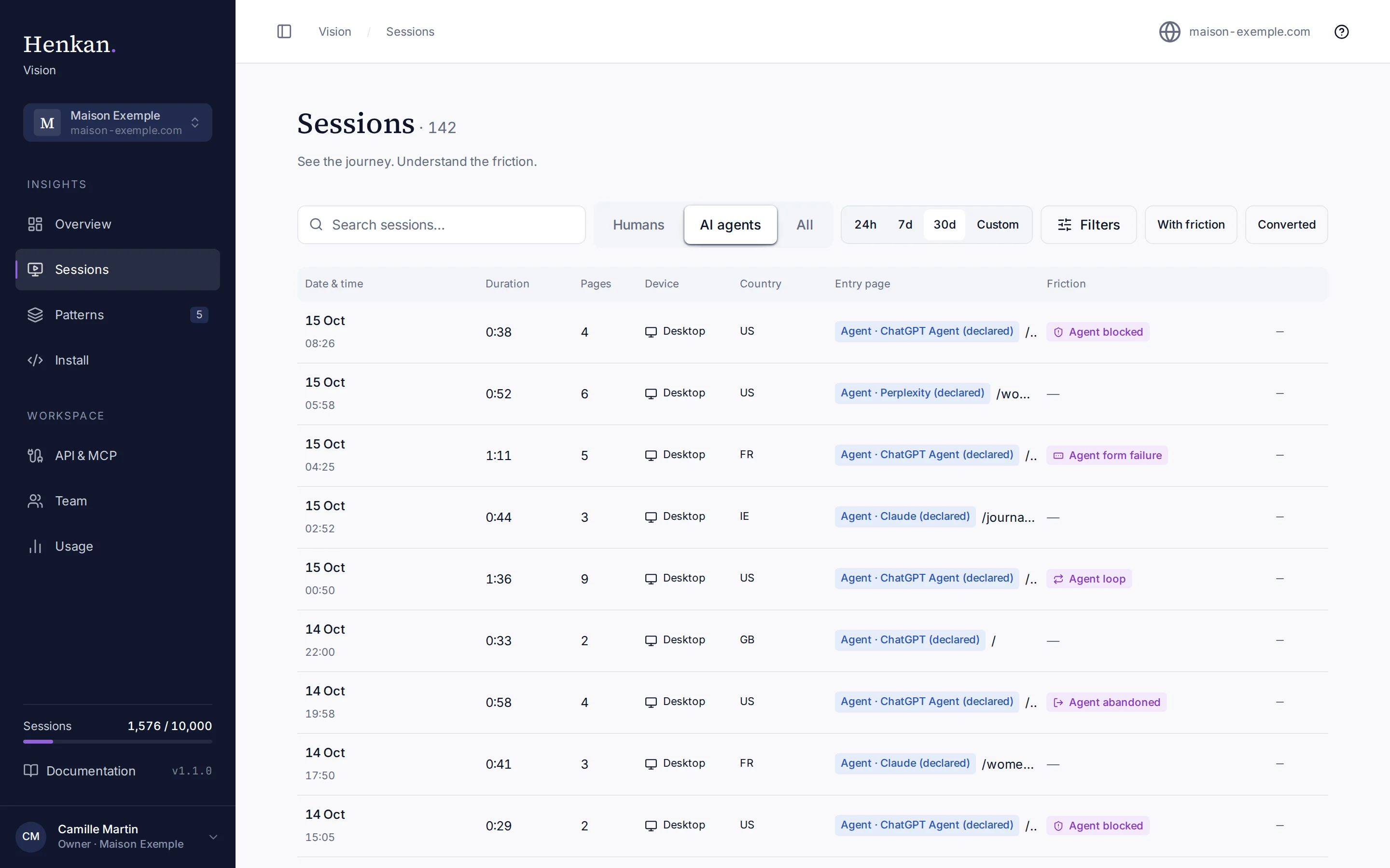 AI agent sessions on maison-exemple.com.